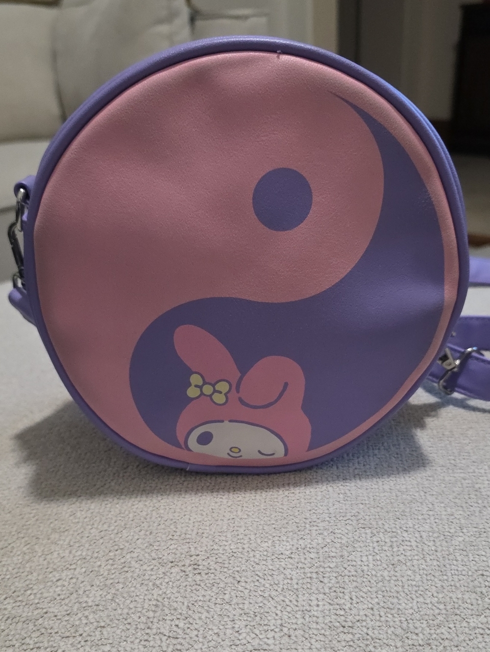 Pink & Purple Round Crossbody Bag with Cute Character Print